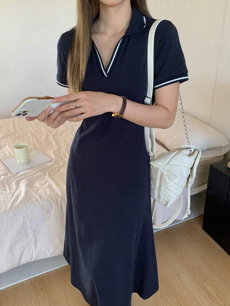 Women's V-Neck Casual Striped Mid-Length Dress For Work Summer Sundress Shirt Dress Maxi Dress