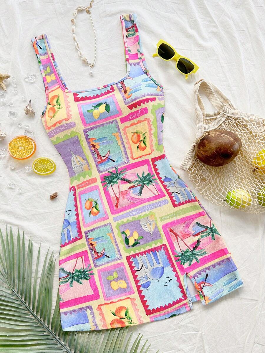 Soleia Women's Casual Vacation Ocean Life Print Back Slit Hem Mini Dress, Suitable For Party, Beach, Summer Outfits - Multicolor - View 1