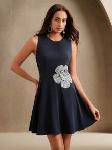 Anewsta 春季、夏季、优雅、商务休闲、假日、节日、约会之夜、毕业女士梭织社交名媛重工工艺烫印立体花朵优雅无袖黑色连体裤夏季、节日、毕业装