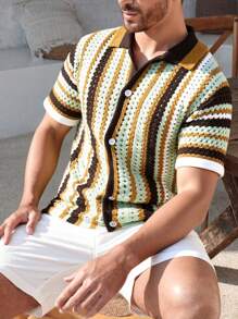 Manfinity CityGents Camisa de punto de manga corta con botones frontales y calado para hombre, ideal para el verano
