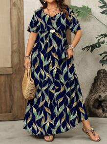 EMERY ROSE Plus Size Women Summer  Casual V-Neck  Short Sleeve Simple Floral Print Long Dress,Vacation Outfits Women,Simple And Fashionable For Everyday Wear - Multicolor - View 1