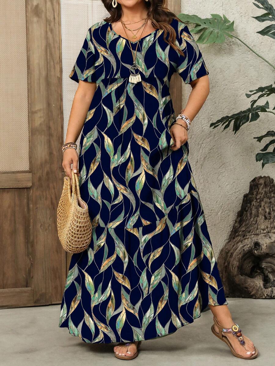 EMERY ROSE Plus Size Women Summer Casual V-Neck Short Sleeve Simple Floral Print Long Dress,Vacation Outfits Women,Simple And Fashionable For Everyday Wear - Multicolor - View 1