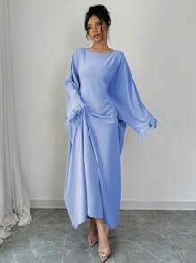 Rafferiza 女式休闲宽松抽绳羽毛装饰连衣裙，时尚秋季长款女装