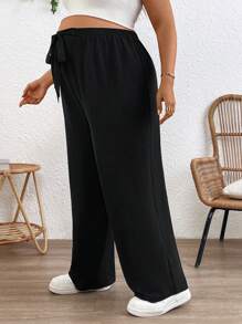 SHEIN Maternity Solid Color High Waist Loose Pants With Bow Decor