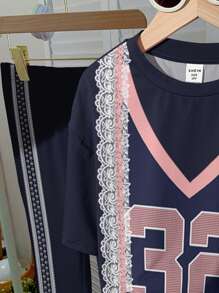 Tween Girl Sporty Lace Bow Numeric Printing Navy Blue Pink Top And Pants 2 Pieces Set,School Back-To-School Summer Cow Boy Casual Minimalist Outfit - Multicolor - View 6