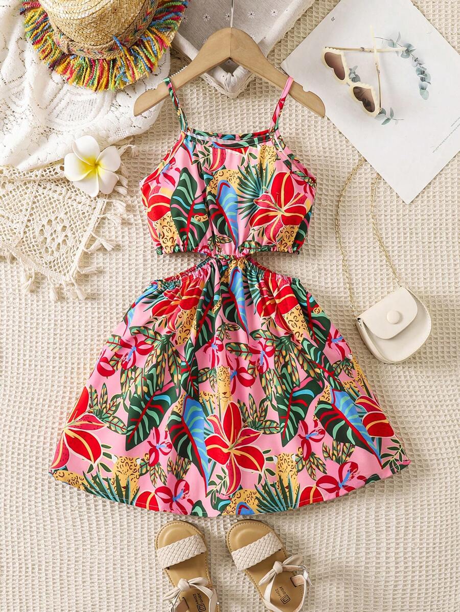 SHEIN Vestido con estampado de plantas tropicales, corte en la cintura y tirantes para niña, para vacaciones de verano - Multicolor - Ver 1