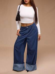 SHEIN Forever 21 春夏大码高腰/阔腿/直筒街头风牛仔裤 - 藍色 - 查看 4