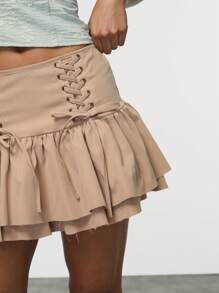 TypaGal Women's Ruffled Hem Low Waist Mini Skirt With Drawstring - Camel - View 4