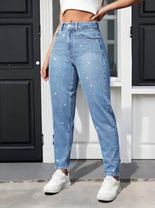 SHEIN Unity 女士牛仔长裤，夏季时尚 - 淺色水洗藍 - 查看 3