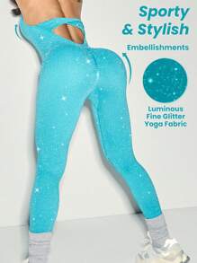 SHEIN Sovereign Charm Women's Sparkle Backless Halter Neck Jumpsuit, Sportswear - Blue - View 4