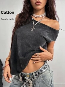 Coolane Camiseta de mujer para primavera/verano con estilo vintage grunge, manga ultra corta, lavado sucio y cómoda