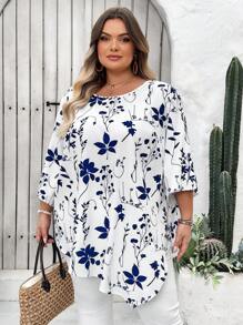 SHEIN CURVE+ CURVE Plus Size Casual Minimalist All-Over Print Shirt, Spring/Autumn, Curve Plus, Boho Vacation Beach Outfits For Woman/Beach /Beach Vacation Outfits/Beach Essentials / Graduation/Tea Party  - Multicolor - View 7