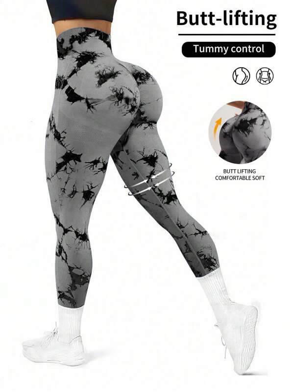 SHEIN Sport Studio Mallas de cintura alta con estampado de teñido anudado para mujer, pantalones casuales de fitness y entrenamiento