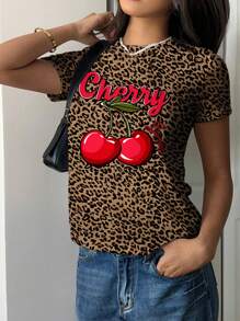 SHEIN EZwear 休闲简约可爱樱桃豹纹圆领短袖T恤女款，适合夏季 - 彩色 - 查看 4