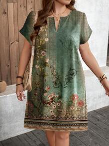 SHEIN LUNE Grande taille Femmes Robe décontractée vintage élégante à imprimé floral, décolleté en V et manches chauve-souris. Tenue d'été pour lieux de détente