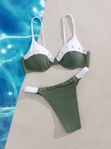 SHEIN Swim 2pcs Soft Padded Underwired Removable Rhinestone Embellished Simple & Elegant Green & White Bikini Swimsuit Set For Vacation For Summer - Green - View 4