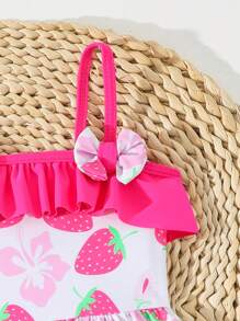 Baby Girl Sweet Strawberry Print Ruffle One-Piece Swimsuit For Beach Vacation, Summer - Pink - View 5