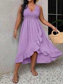 SHEIN VCAY Plus Size Mauve Purple Midi Dress With Crochet Lace Bodice And Ruffle Wrap Hem For Casual Summer Style - Mauve Purple - View 4
