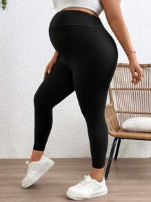 SHEIN Plus Size Women's Solid Color Adjustable Waist Maternity Leggings - Black - View 8