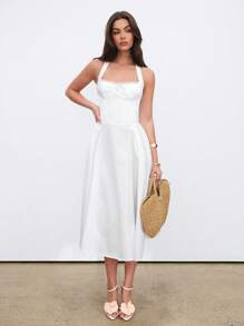 Aloruh Đầm mùa hè trang trí nơ ren tương phản thanh lịch cho nữ - trắng - Xem 4