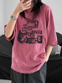 DAZY 女士圆领宽松印花短袖休闲 T 恤 - 粉色 - 查看 7