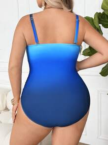 SHEIN CURVE+ Plus Size Women Gradient Paneled Underwire One-Piece Swimsuit For Summer Beach Vacation - Blue - View 2