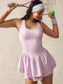 VARSITIE Women's Solid Color Square Neck Ruffled Hem Big Pockets Sleeveless Sport Dress - Pink - View 8