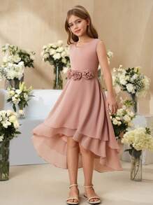 SHEIN Sukienka letnia dla dziewcząt w jednolitym kolorze, bez rękawów, z okrągłym dekoltem i modnym wzorem - Brudny różowy - Zobacz 4