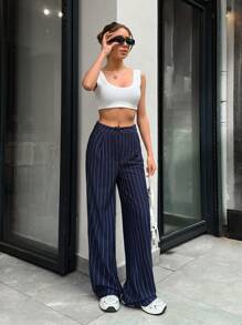 EURMUSE Women Striped Navy Blue Pants - Navy Blue - View 5