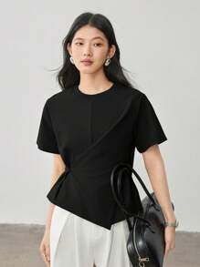 Dazy-Less 女士独特扭纹下摆不对称纽扣短袖休闲办公室衬衫夏季教师装 - 黑色 - 查看 6