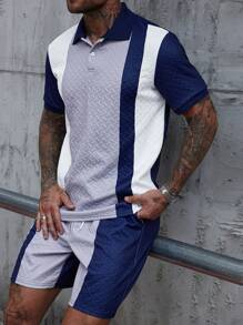 Manfinity Homme Men's Casual Daily Set With An INS-Inspired Design, Featuring A Classic Navy, White, And Gray Color-Blocked Wheat-Ear Textured Knit Short-Sleeve Polo And Matching Shorts. The Outfit Includes A Button Placket And Is Perfect For Music Festivals, Hawaiian Beach Vacations, And Everyday Wear. It Also Makes A Great Gift For A Boyfriend Or Husband. Men's Casual Tri-Color Patchwork Textured Polo Shirt Set, Men Shorts Set, Men Two Pieces Outfits , Men Outfits 2 Pieces - Multicolor - View 3