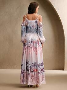 Anewsta Robe décontractée d'été de vacances printanières/estivales imprimée de palmiers, sans dos - Camel - Voir 3