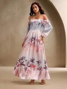 Anewsta Robe décontractée d'été de vacances printanières/estivales imprimée de palmiers, sans dos - Camel - Voir 5