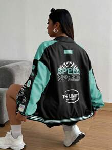 POPSWAY Plus Size Women Cool Pink Splicing Jacket - Mint Green - View 5