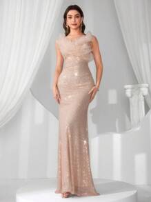 Coutiva Elegant Mesh Sequin Embellished Formal Evening Gown, Party Dress, For Wedding Guest - Apricot - View 7