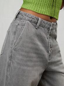 COUREZ 高腰宽松牛仔裤/女士夏季穿搭/Y2K/休闲/纯棉高街复古 - 灰色 - 查看 4