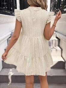 SHEIN LUNE 女士休闲纯色纹理 V 领荷叶边下摆夏季假日休闲装日常基本款短裙