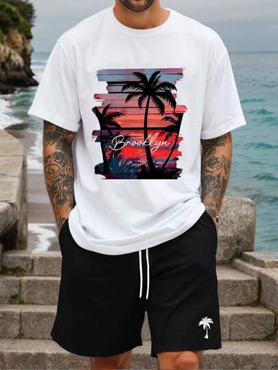 Manfinity RSRT Plus Size T-shirt set för män, Sunset Coconut Tree Holiday mönster