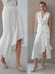 MOTF PREMIUM ASYMMETRICAL RUFFLE HEM SKIRT - White - View 1