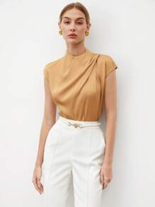 BizChic 2025 年夏季新款女士圆领肩部褶皱袖上衣，休闲商务优雅沙滩装，适合婚礼宾客、乡村音乐节、早午餐、机场、170 年代斯德哥尔摩风格美国独立日