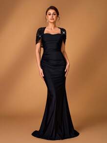 Serin Summer Elegant Romantic Gorgeous Black Sequin Embroidery Stitching Elastic Knitted Sweetheart Neck Twisted Shawl Sleeves Gathered Pleated Slim Fishtail Hem With A Small Train Suitable For Dinner Bachelorette Party Date Holiday Dance Music Festival Wedding Event Bride Mother Dress, Valentine's Day - Black - View 4