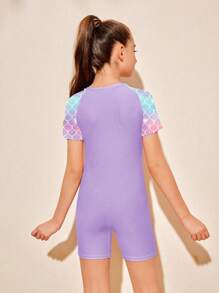 SHEIN Tween Girl Vacation Beach Fish Scale Print Patchwork One-Piece Swimsuit Summer Holiday
