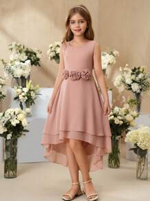 SHEIN Sukienka letnia dla dziewcząt w jednolitym kolorze, bez rękawów, z okrągłym dekoltem i modnym wzorem - Brudny różowy - Zobacz 3