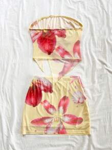 Soleia 2 件套：针织网眼浪漫黄色背景粉色花卉吊带抽绳上衣和合身大腿开叉下摆迷你裙，女士浪漫休闲度假装，适合派对、海滩、夏季 - 彩色 - 查看 2