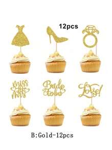 12 件新娘纸杯蛋糕装饰物，带心形戒指，新娘送礼会纸杯蛋糕装饰，婚礼订婚单身派对蛋糕装饰用品 - 彩色 - 查看 5