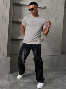 Manfinity Homme Men's Casual Plain Letter Embossed Short Sleeve T-Shirt, Summer Men T Shirts Slim Fit