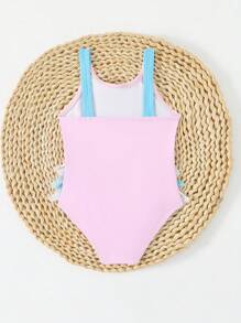 SHEIN Baby Girl Cute Swan Print Contrast Mesh One-Piece Swimsuit, Summer - Pink - View 2