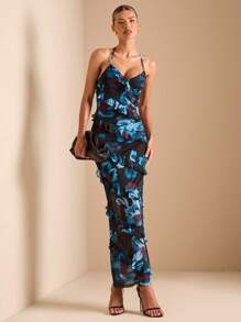 SHEIN BAE Women's Floral Print Ruffle Hem Maxi Dress, Elegant Stylish Outfit For Party, Date, Vacation, Back To School, Summer - Blue - View 4