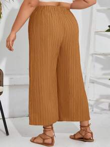 SHEIN Frenchy Plus Size Vacation,Solid Color Textured Lace-Up Cropped Wide-Leg Pants - Camel - View 2
