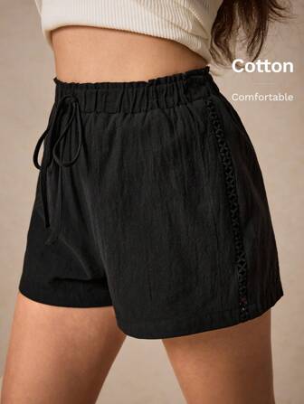 Poéselle Enfärgad pappersväska för kvinnor Midja Casual Shorts för semester Sommar Casual Shorts, Linne Spetsshorts, Tyg Bekvämt och Andas, Lämpligt för daglig pendling på gatan Semesterhus Bär olika tillfällen